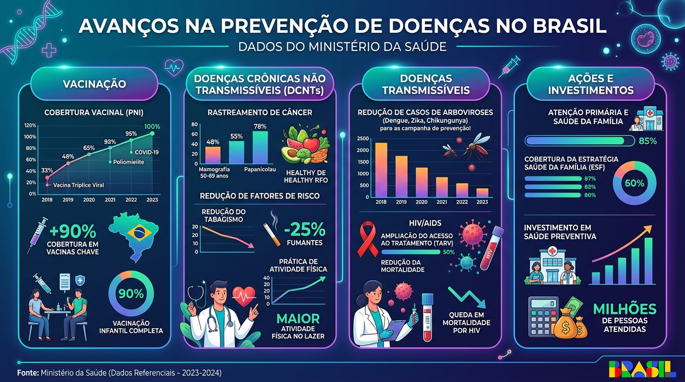 Infográfico mostrando estatísticas de prevenção de doenças no Brasil